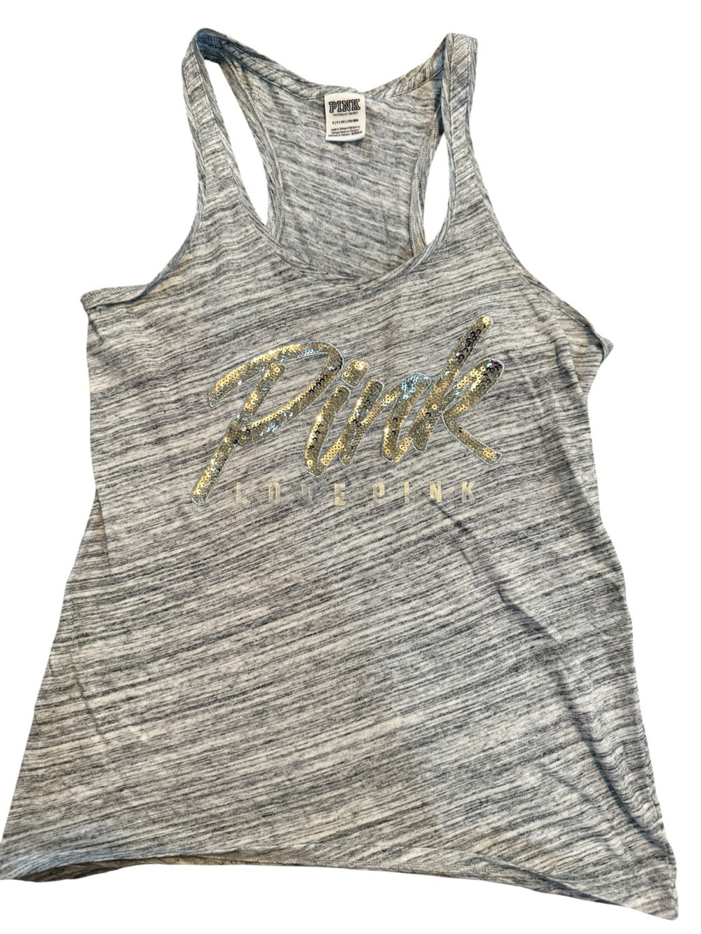 Womens PINK Victoria's Secret Gray Marled Racerback Tank with sequins Size Small